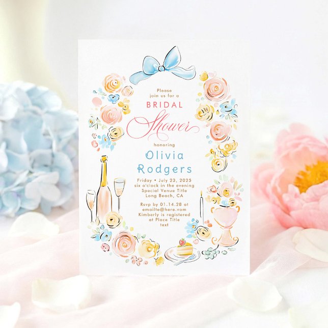 Whimsical Floral Hand Drawn Chic Bow Bridal Shower Einladung (Whimsical Pastel Floral Coquette Bow Bridal Shower Invitation)