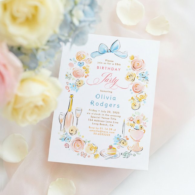 Whimsical Floral Hand Drawn Coquette Bow Birthday Einladung (Whimsical Bow and Pastel Flowers Birthday Invitation)