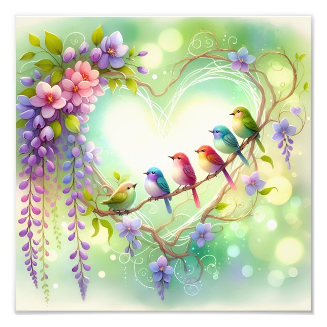 Whimsical Floral Heart Birds Watercolor Design Fotodruck (Vorne)