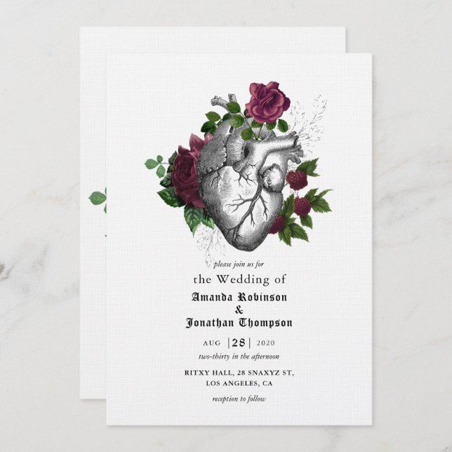 Whimsical Floral Heart Halloween Gothic Wedding Einladung (Vorne/Hinten)