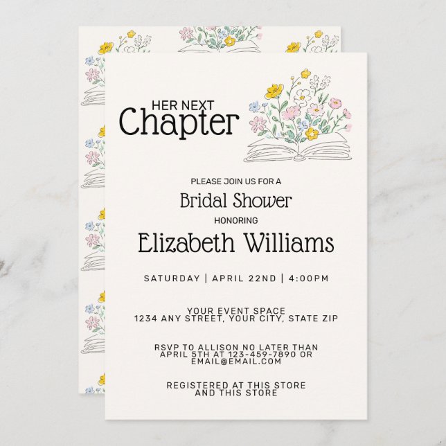 Whimsical Floral Her Next Chapter Bridal Shower  Einladung (Vorne/Hinten)