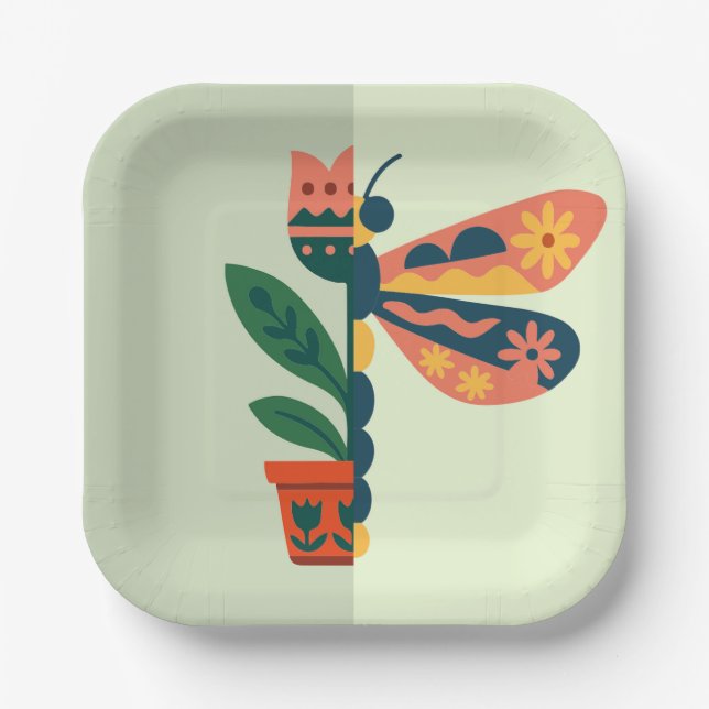 Whimsical floral Libellen-Design Pappteller (Vorderseite)