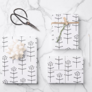 Whimsical Floral Line Art Sketch Schwarz-Weiß  Geschenkpapier Set
