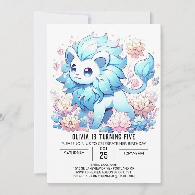 Whimsical Floral Lion Digital Geburtstag Einladung (Vorderseite)