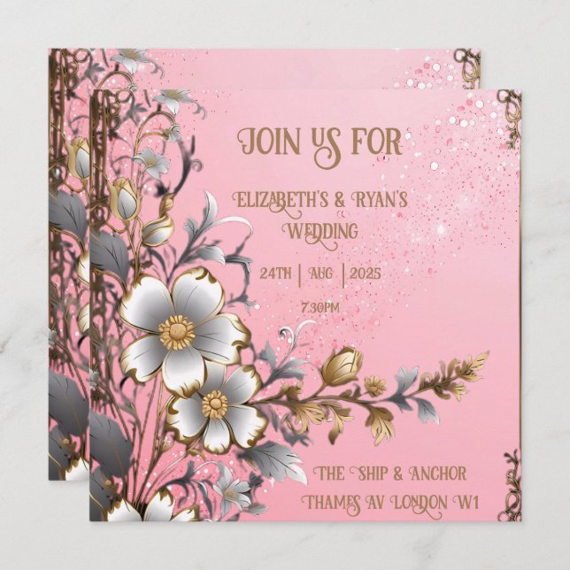 Whimsical Floral Pink Romance Einladung Hochzeit (Vorne/Hinten)