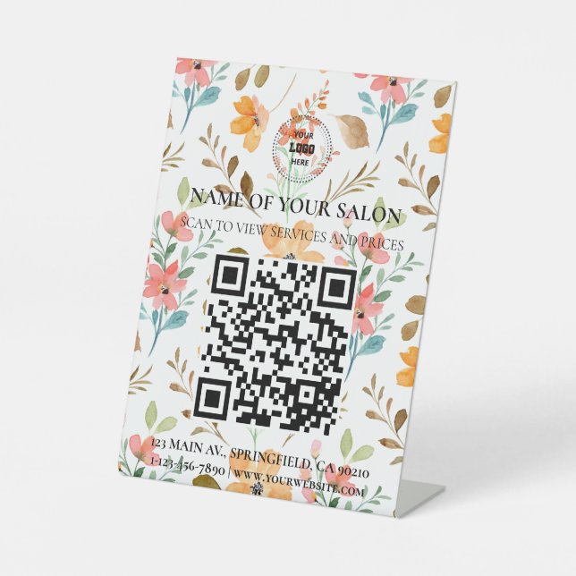 Whimsical Floral QR Code Salon Services-Zeichen Sockelschild (Vorderseite)