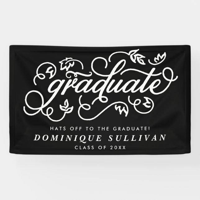 Whimsical Floral Script Black & White Abschluss Banner (Horizontal)