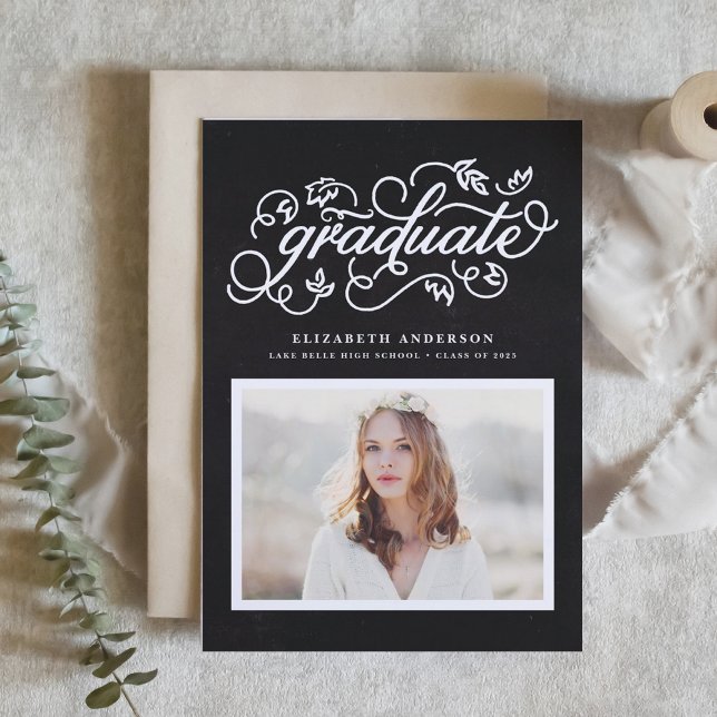 Whimsical Floral Script Chalkboard Graduation Einladung (Customizable photo graduation invitation featuring whimsical rustic calligraphy. )