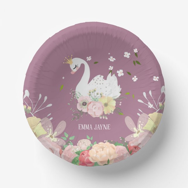 Whimsical Floral Swan Geburtstag Pappteller (Vorderseite)
