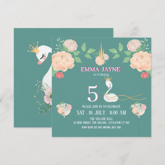 Whimsical Floral Swan Girls Geburtstag Einladung