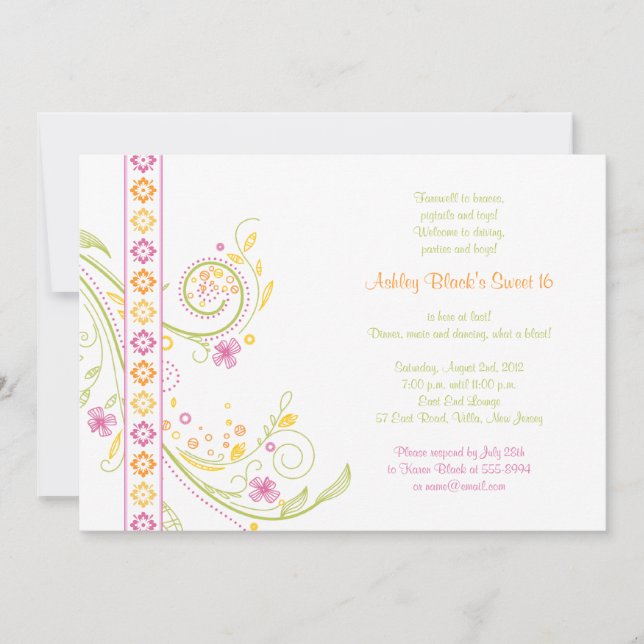 Whimsical Floral Sweet 16 Geburtstag Einladung (Vorderseite)
