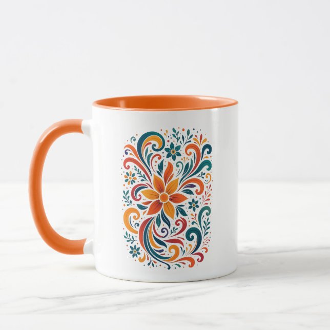 Whimsical Floral Swirl Mug - Orange  Accent Handle Tasse (Links)