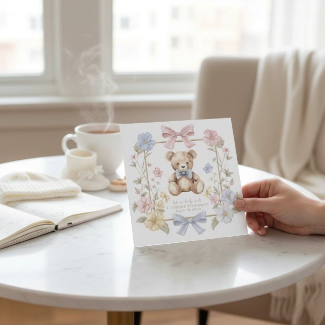 Whimsical Floral Teddy Bear Baby Shower QR code  Einladung (Von Creator hochgeladen)