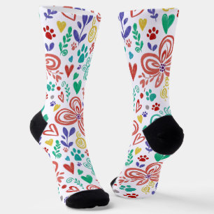 Whimsical Floral und Pfotenabdruck  Socken