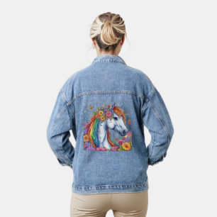 Whimsical Floral White Horse Hübsch farbenfroh Jeansjacke