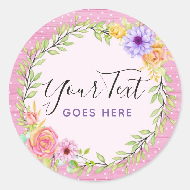 Whimsical Floral Wreath & Rustic Pink Wood Girl Runder Aufkleber (Vorderseite)