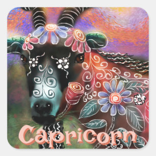 Whimsical Floral Ziege Capricorn Personalisiert Quadratischer Aufkleber