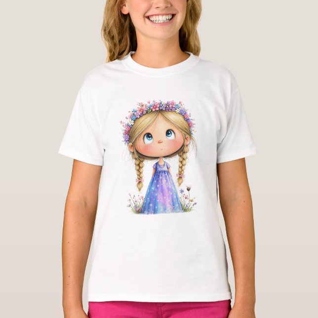Whimsical Flower Crown Girl Cute Kids Art T-Shirt (Vorderseite)