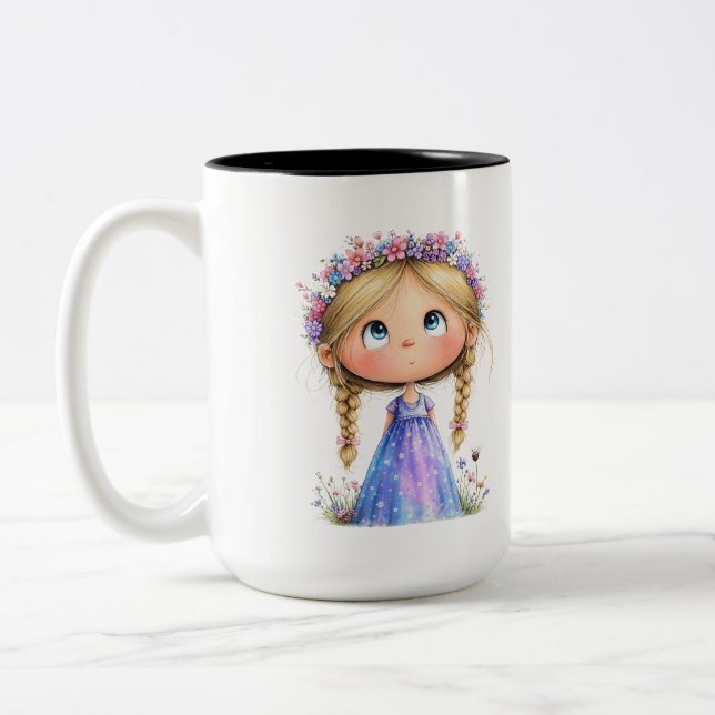 Whimsical Flower Crown Girl Cute Kids Art Zweifarbige Tasse (Links)