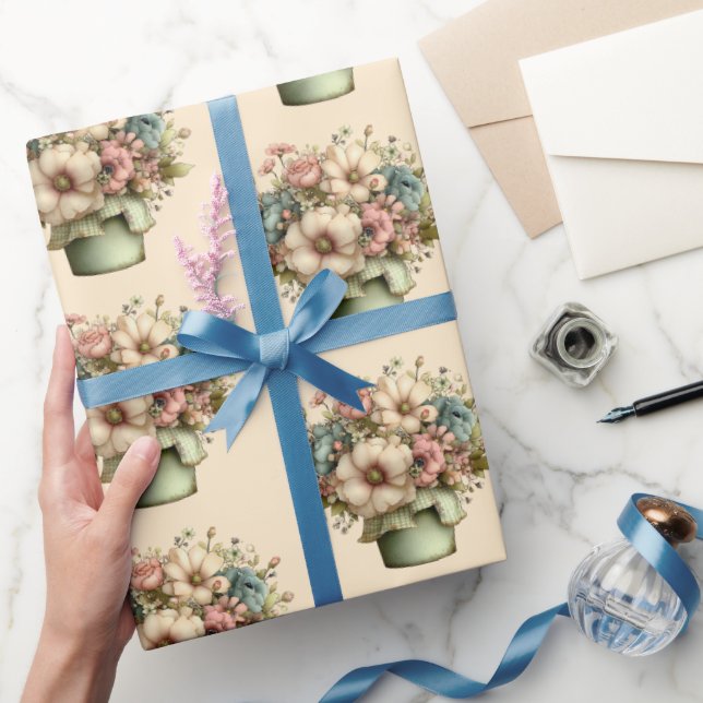 Whimsical Flowers in a Planter Pot Cute Pattern Geschenkpapier (Schenken)