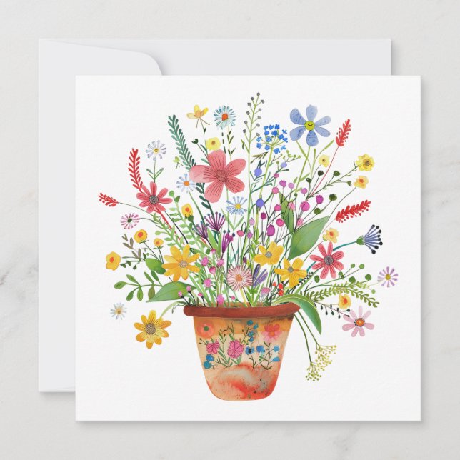 Whimsical Flowers in Pot Cheer Thinking of You Karte (Vorderseite)