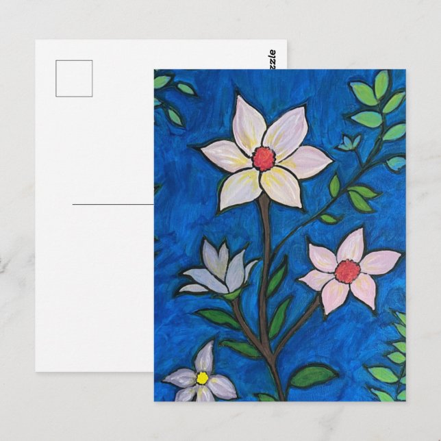 Whimsical Flowers with Blue Background  Postkarte (Vorne/Hinten)