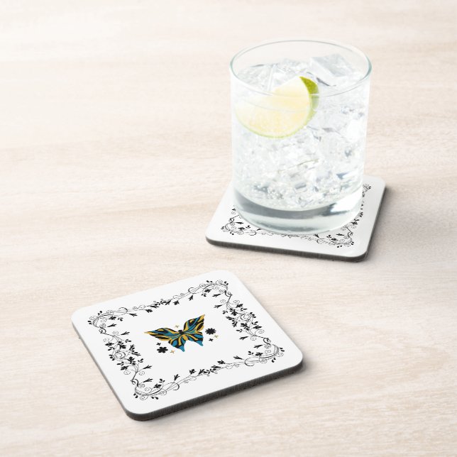 Whimsical Fluttering – Blue Butterfly Floral Art Getränkeuntersetzer (Rechte Seite)