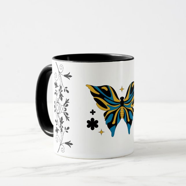 Whimsical Fluttering – Blue Butterfly Floral Art Tasse (Vorderseite Links)