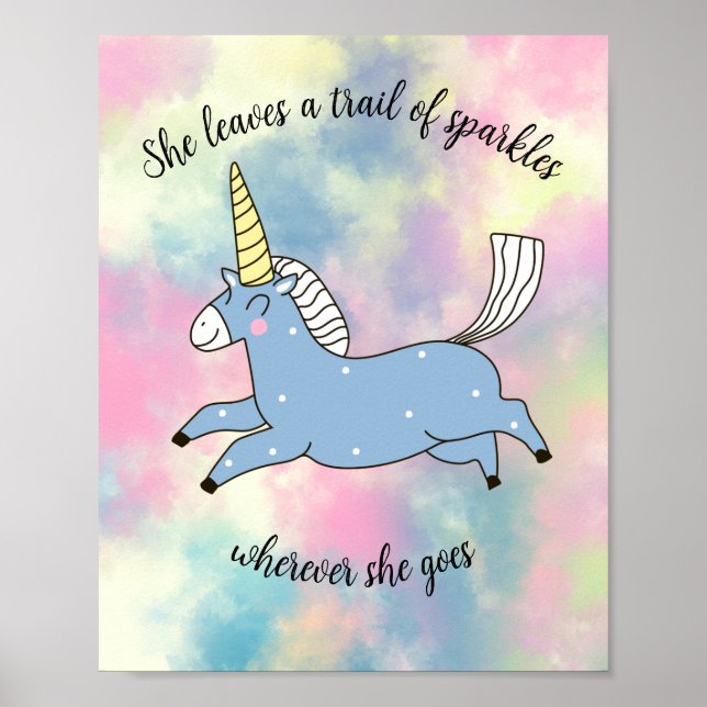 Whimsical Flying Blue Unicorns auf Pastelwolken Poster (Vorne)