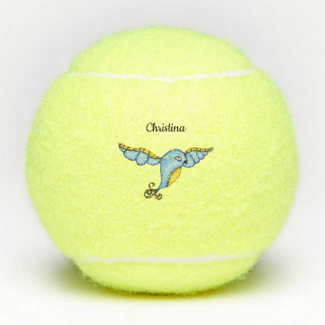 Whimsical Flying Bluebird Yellow Scroll Schwanz Tennisbälle (Vorderseite)