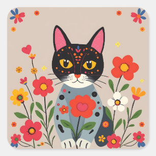 Whimsical Folk Art Black Cat und Blume Quadratischer Aufkleber