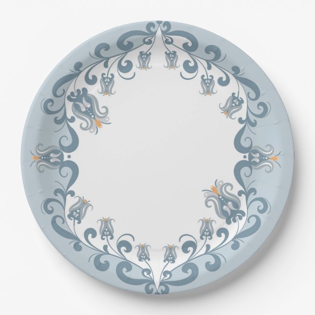 Whimsical Folk Art Blue | Baby Shower Paper Plate Pappteller (Vorderseite)