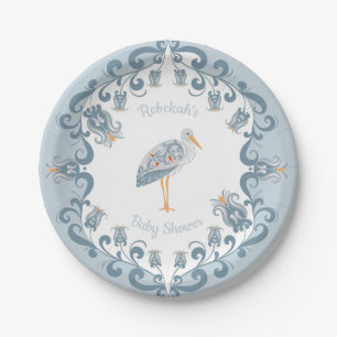 Whimsical Folk Art Blue   Baby Shower Paper Plate Pappteller