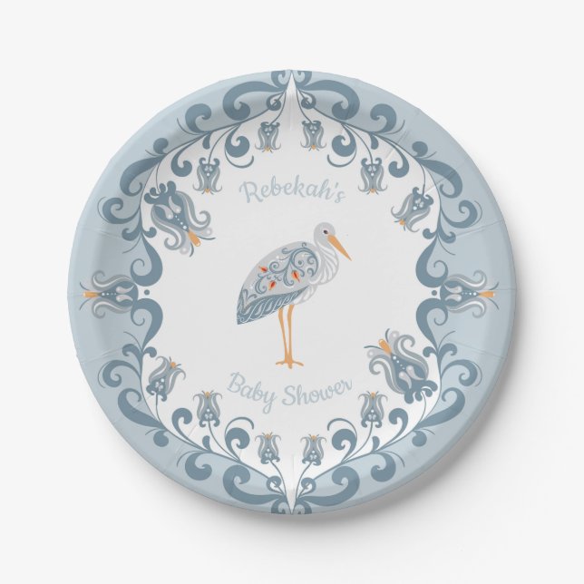 Whimsical Folk Art Blue | Baby Shower Paper Plate Pappteller (Vorderseite)