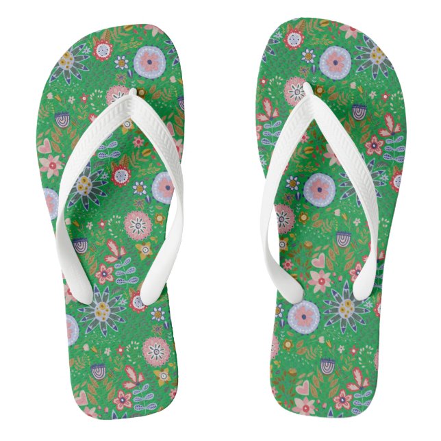 Whimsical Folk Art Blume auf Green Flip Flops (Fußbett)