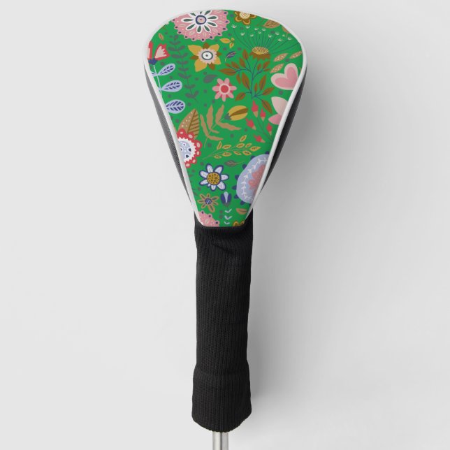 Whimsical Folk Art Blume auf Green Golf Headcover (Vorderseite)