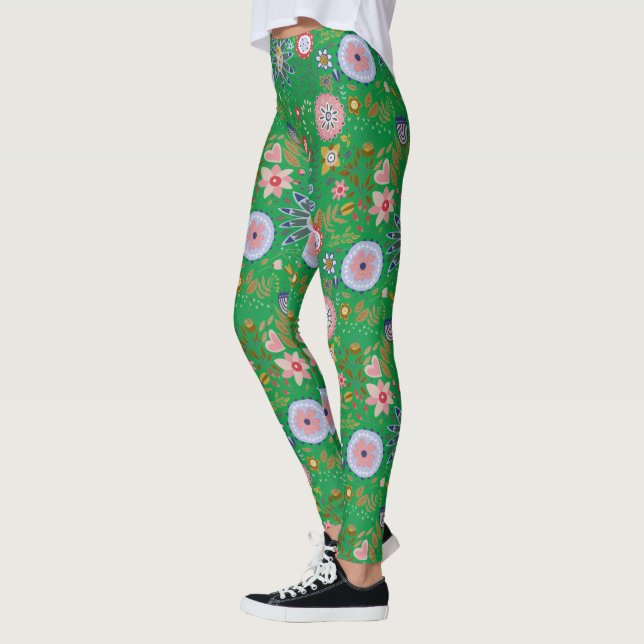 Whimsical Folk Art Blume auf Green Leggings (Links)