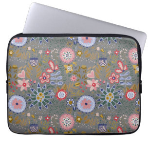 Whimsical Folk Art Blume Grau Laptopschutzhülle