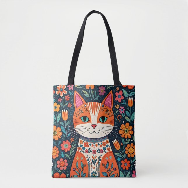 Whimsical Folk Art Cat und Blume (Vorderseite)