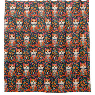 Whimsical Folk Art Cat und Blume Duschvorhang