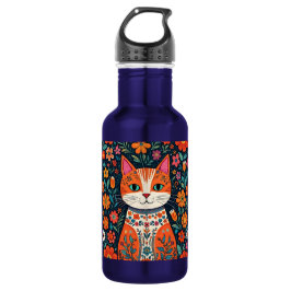 Whimsical Folk Art Cat und Blume Edelstahlflasche