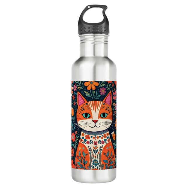 Whimsical Folk Art Cat und Blume Edelstahlflasche (Vorderseite)