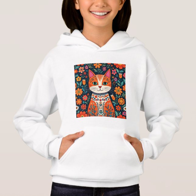 Whimsical Folk Art Cat und Blume Hoodie (Vorderseite)