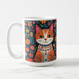 Whimsical Folk Art Cat und Blume Kaffeetasse
