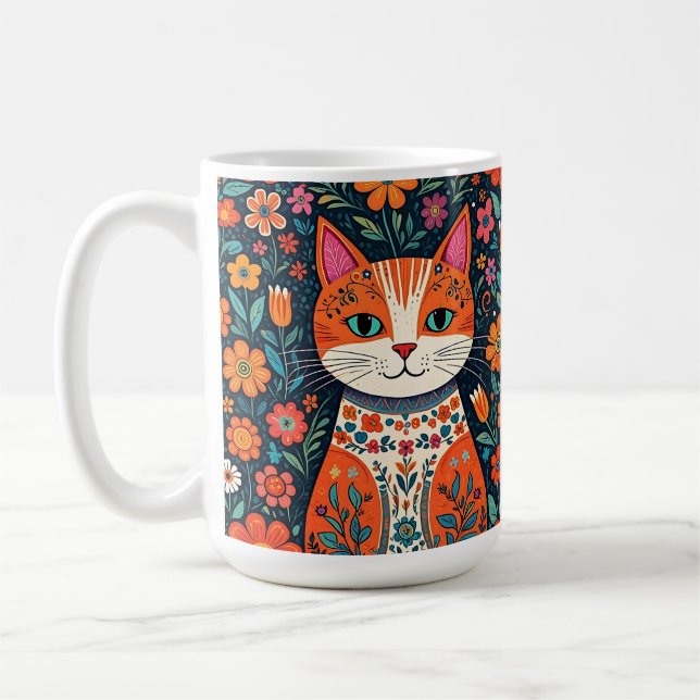 Whimsical Folk Art Cat und Blume Kaffeetasse (Links)