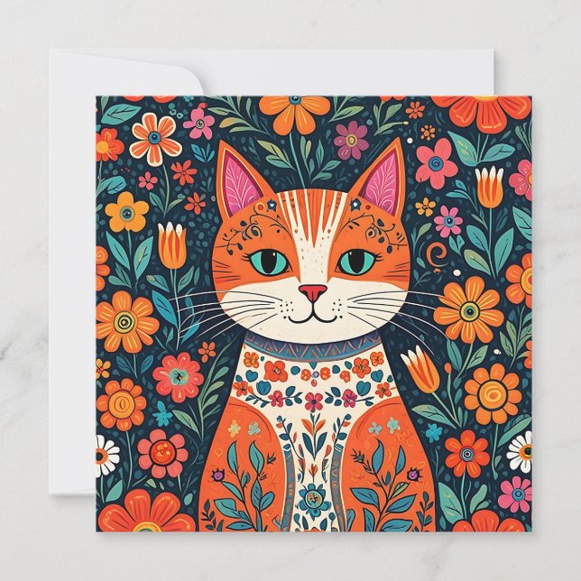 Whimsical Folk Art Cat und Blume Karte (Vorderseite)