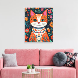 Whimsical Folk Art Cat und Blume Leinwanddruck