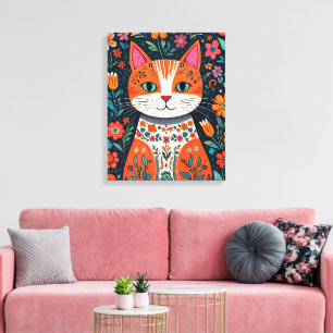 Whimsical Folk Art Cat und Blume Leinwanddruck