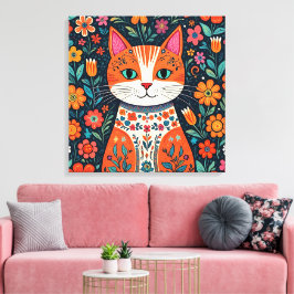 Whimsical Folk Art Cat und Blume Leinwanddruck