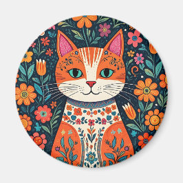 Whimsical Folk Art Cat und Blume Magnet